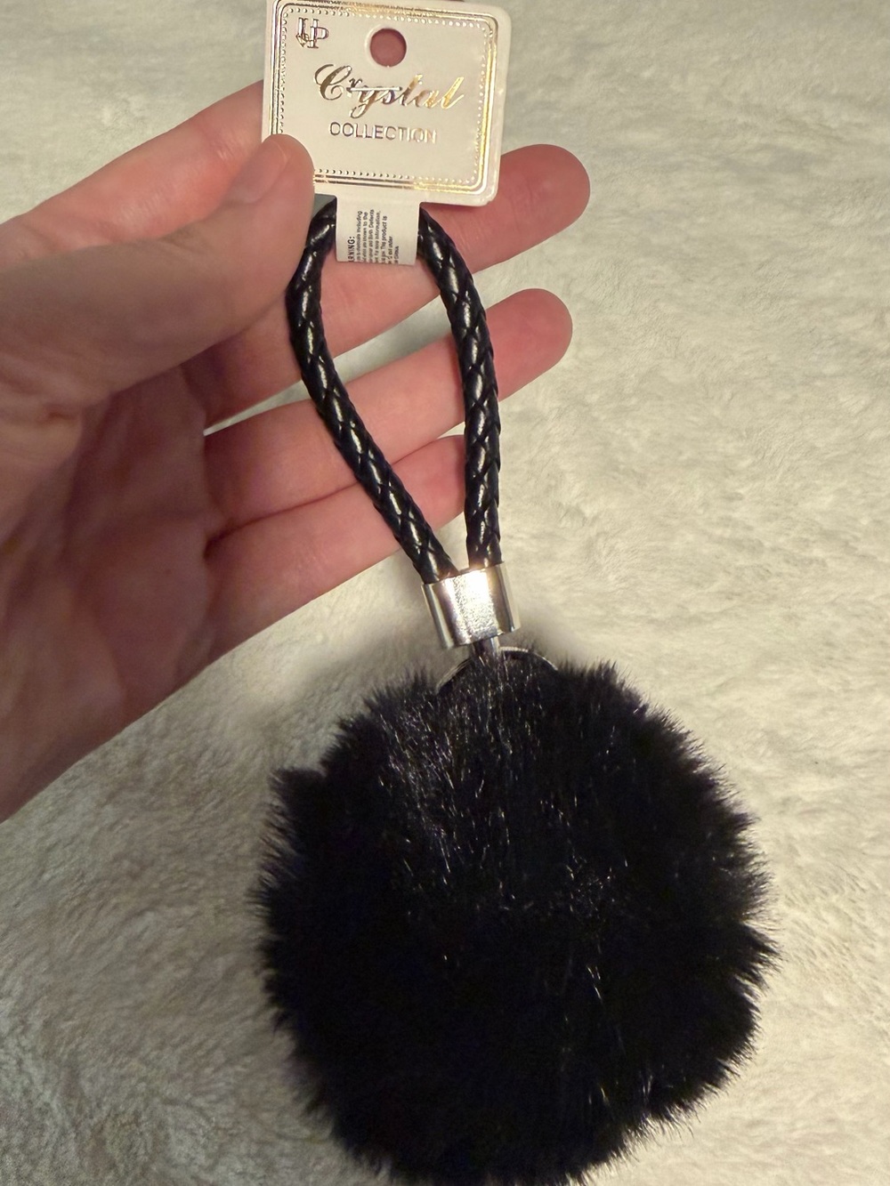Source Unknown Black Faux Fur Pom Pom Keychain with Braided Strap